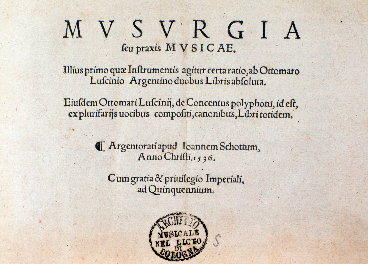 Musurgia practical manual of music』のタイトルページ（1536年 作： 無名の画家