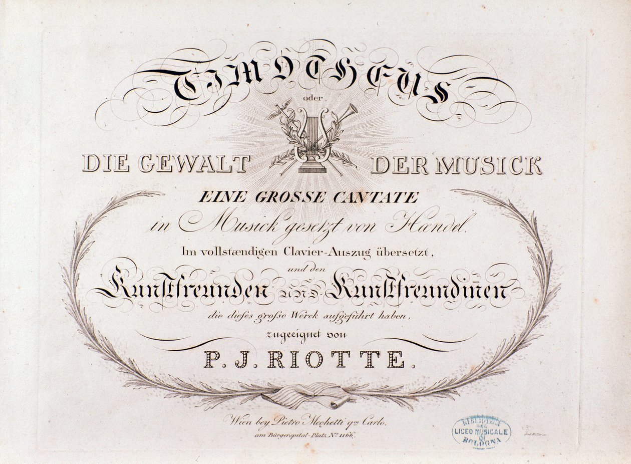 G・F・ヘンデル作曲「Timotheus」（1812年）の楽譜のタイトルページ。 作： 無名の画家
