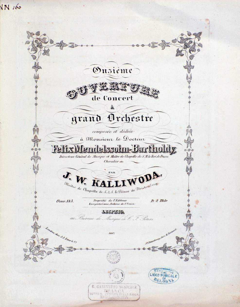 Kalliwodaのouverture n°11の譜面のタイトルページ。 作： 無名の画家
