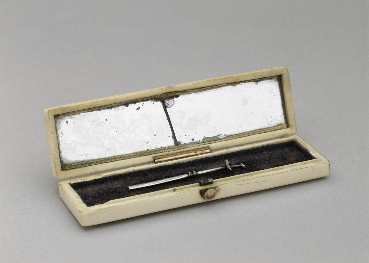 つまようじケース、c。 1840-1880（アイボリー、シルバー、鏡面ガラス、ベルベット） 作： 無名の画家
