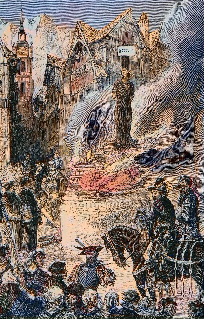 ジュネーブのミシェル・セルヴェの拷問（Michael Servetus）（Michel de Villeneuve）スペインの医師・神学者（1511-1553） - Le torice de Michel Servet (Miguel Serveto) (1511-1553) a Geneva, Spanish doctor and theologian Engraving 作： 無名の画家