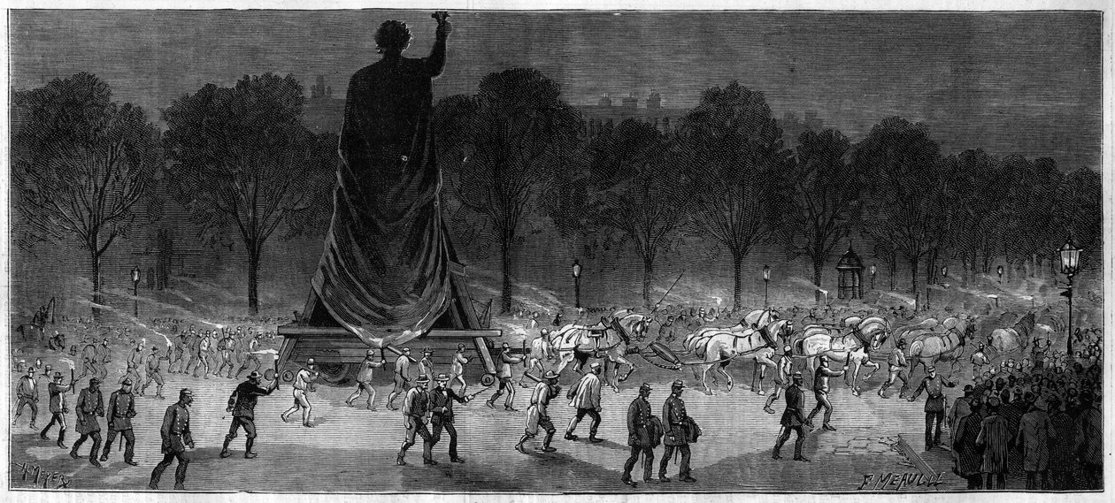 1883年にパリの共和国広場にあるThiebaut氏の工房で作られた共和国像（ブロンズ製マリアンヌ、高さ9.50m）の翻訳。 作： 無名の画家