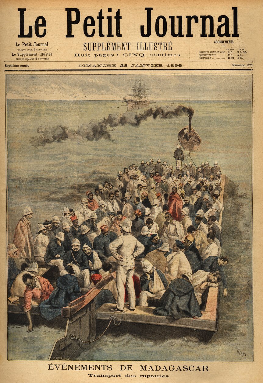 マダガスカルから負傷したラパトリーの輸送。1896年1月26日付「Le petit journal」に掲載された図版。セルバのコレクション。 作： 無名の画家