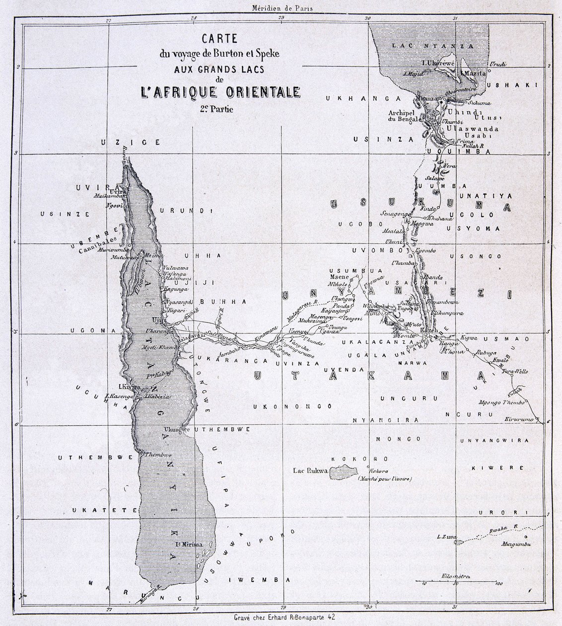 イギリスの探検家リチャード・フランシス・バートン（1821-1890）と東アフリカの五大湖へのスペーク（1857-59年）の旅行地図 - トゥール・デュ・モンドにて 作： 無名の画家