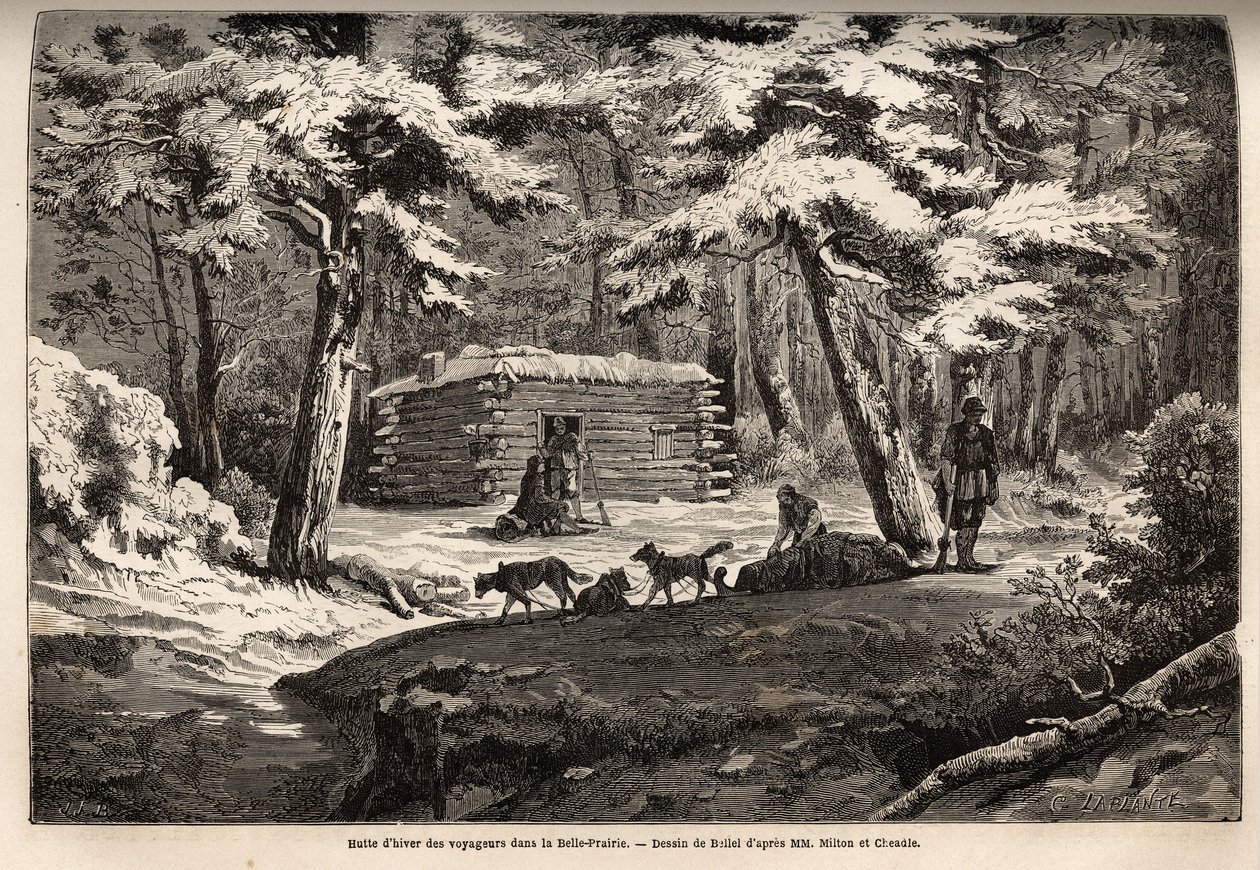 Winterhütte des Reisenden in der schönen Wiese (Kanada), Zuflucht für Fallensteller und ihre Schlitten. Gravur zur Illustration der Reise vom Atlantik zum Pazifik (Route du nord ouest par les terres), 1862-1864 von Viscount Milton und Dr. Cheadle von Unknown artist