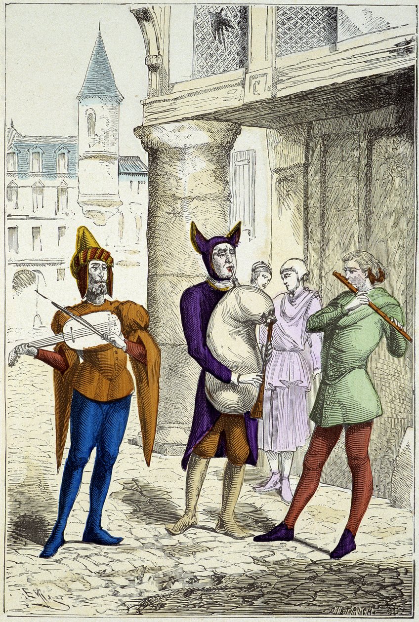 15世紀の旅する音楽家たち - "Costumes de Paris through the centuries "にて 作： 無名の画家