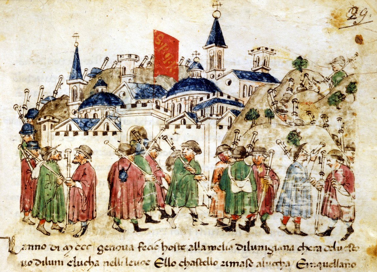 ローマに到着した旅の巡礼者たち。14世紀。クロニクル・セルカンビ。ルッカ、国立公文書館 作： 無名の画家