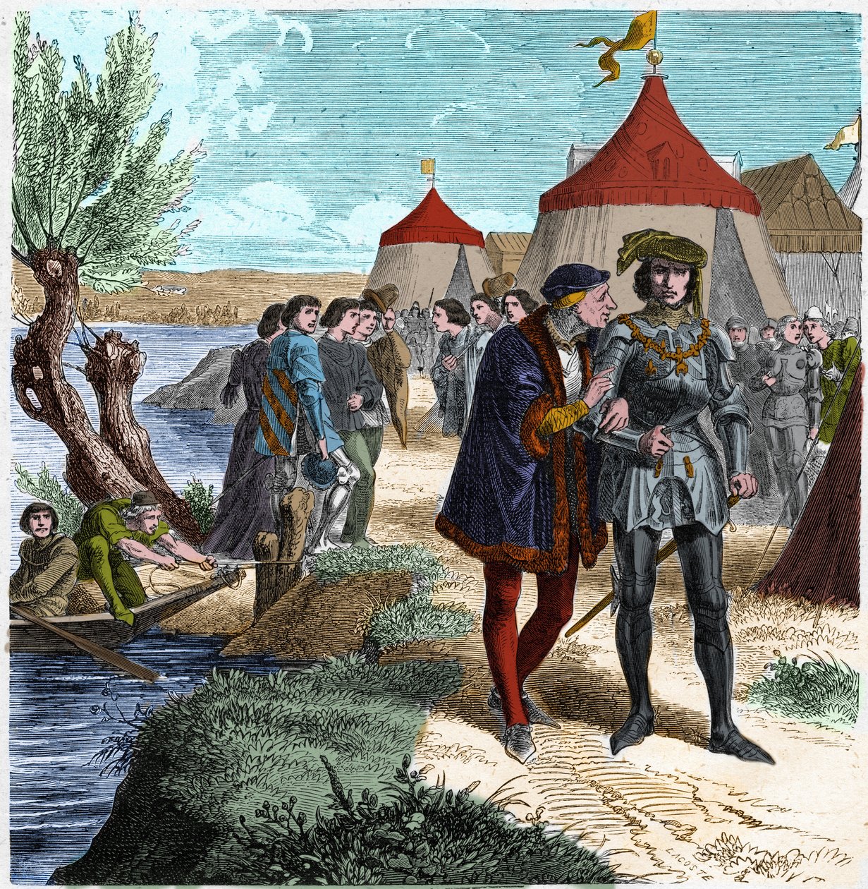 1465年10月5日、フランス国王ルイ11世とシャルル・ド・シャロレ（後のシャルル・ザ・テメレール）との間で結ばれたコンフラン条約により、貴族の反乱や公益連盟が終結した。ポール・ルージュール著「フランス百年史」（1891年）に掲載された版画。 作： 無名の画家