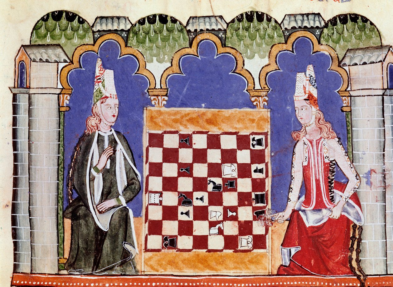 チェスをする二人の女性。賢者アルフォンソ10世（スペイン語ではAlfonso X el Sabio）の手稿「Libro de los juegos」のミニチュア。 作： 無名の画家