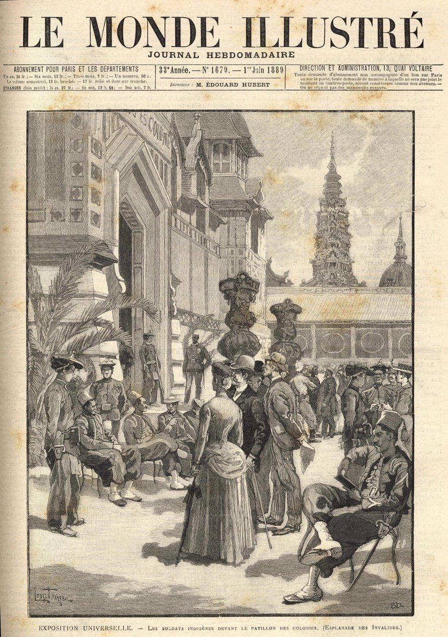 1889年の万国博覧会-植民地館の前にいる先住民の兵士（Esplanade des Invalides）。1889年06月01日の表紙「Le Monde Illustré」。 作： 無名の画家