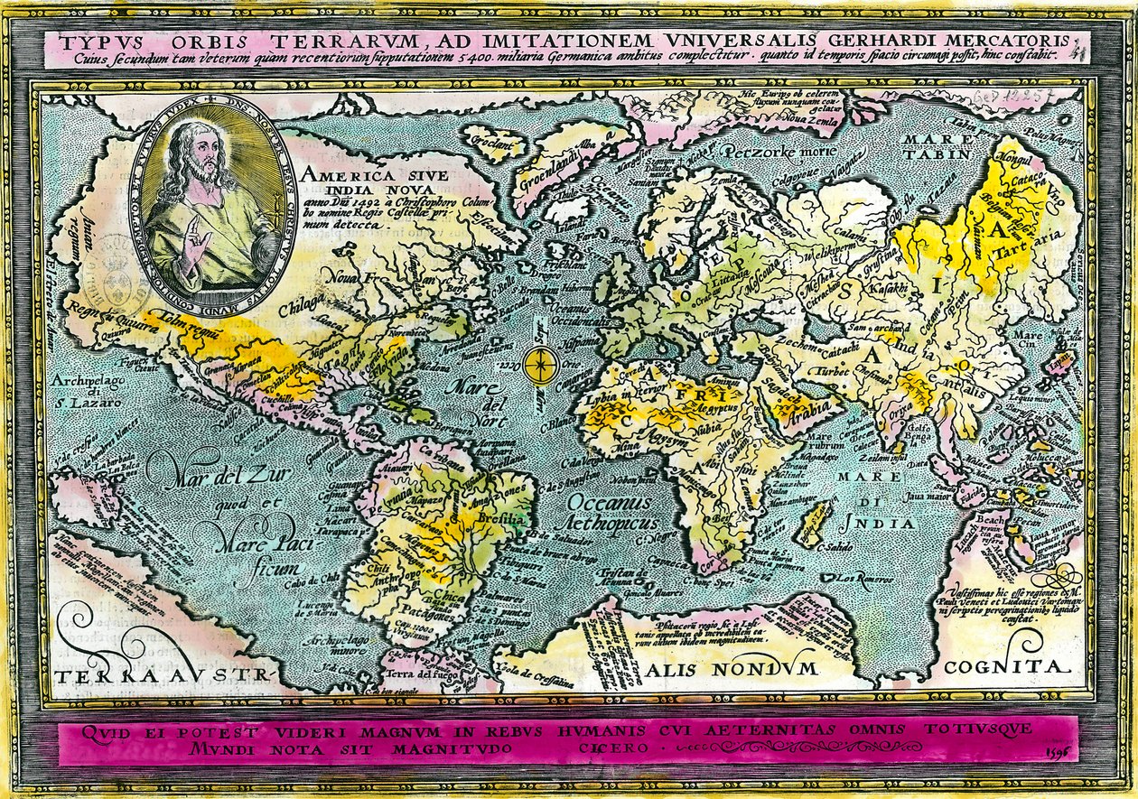 1596年のユニバーサル・ジオグラフィック・マップ（世界地図）。エングレーヴィング。個人蔵。 作： 無名の画家