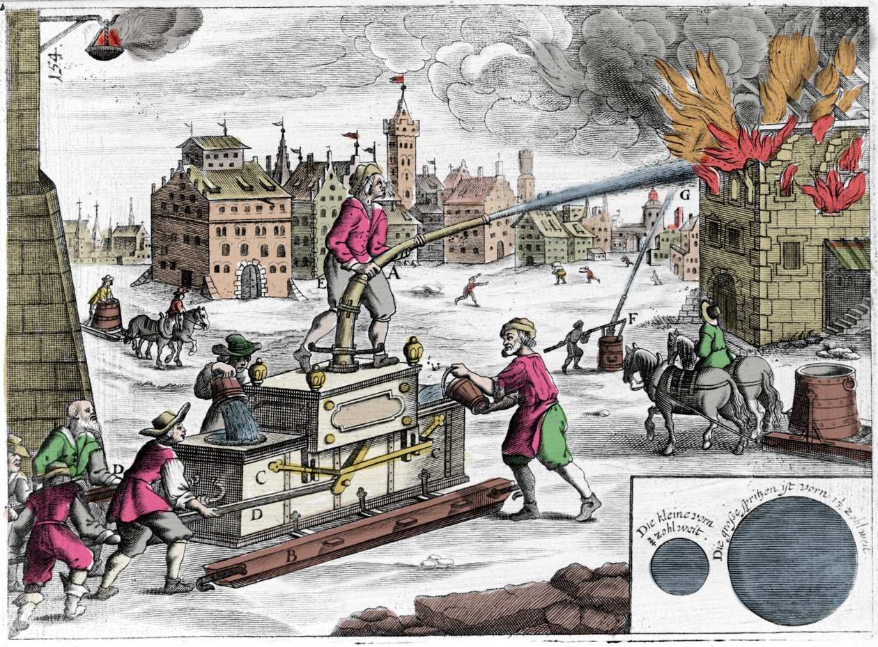 消防隊による消火ポンプの使用。ジョージ・アンドレアス・ボックラー（1644-1698）の「Theatrum Machinarum novum」からのエングレーヴィング。 作： 無名の画家