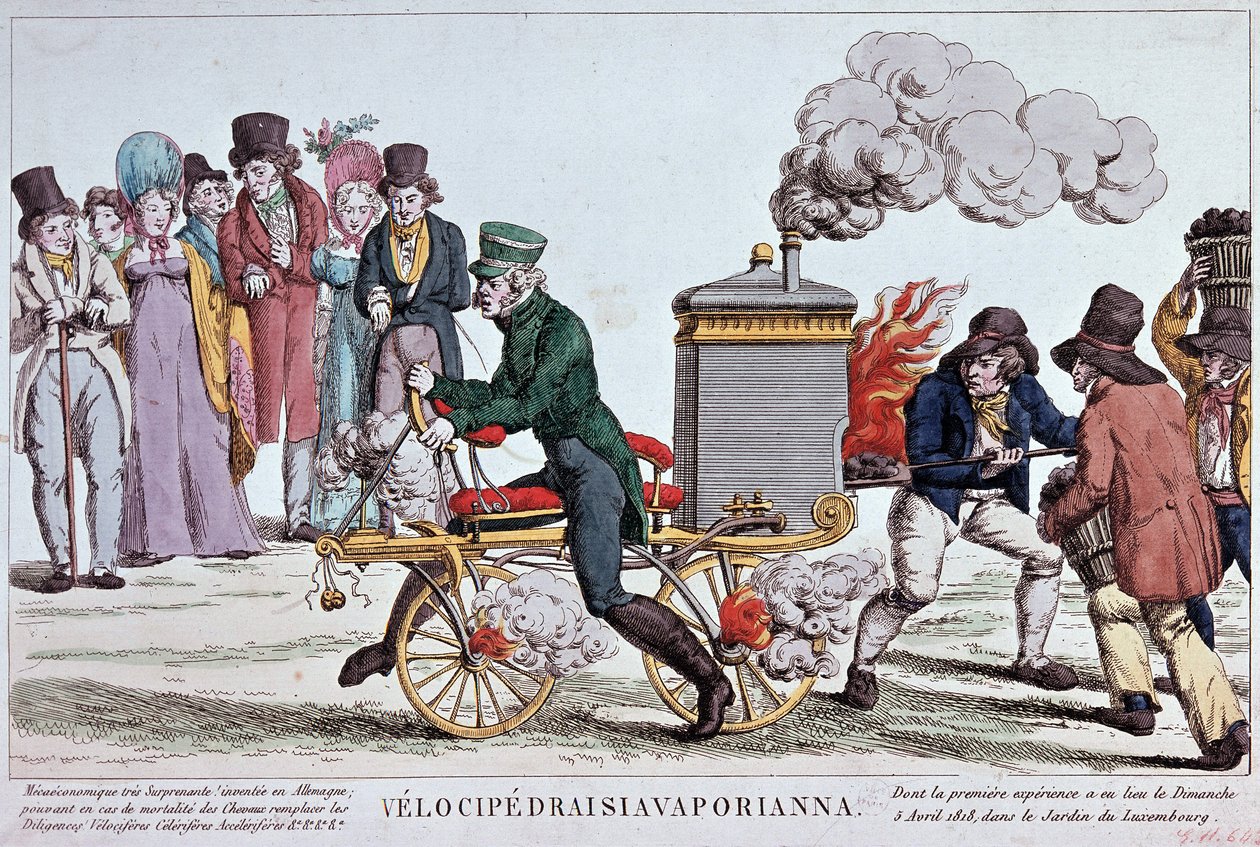 Velocipedraisiavaporianna: steam velocipede - 1818年頃の彫刻、パリ市のBibl. 作： 無名の画家