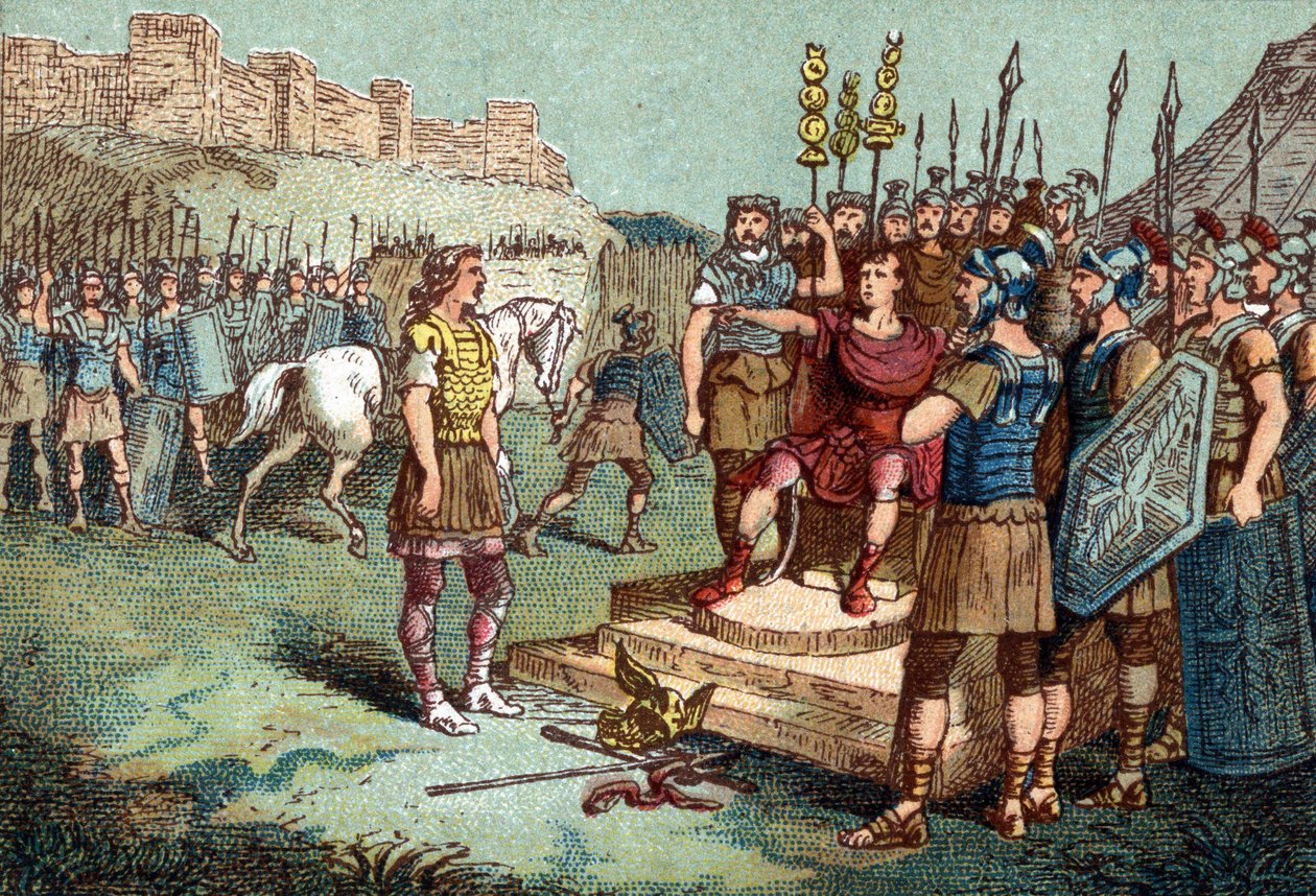 紀元前52年、ガリア人のリーダーであるVercingétorixは、Julius Caesarのもとへ。 作： 無名の画家