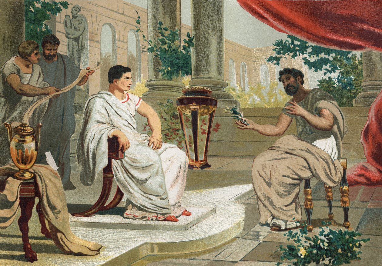 ヴェスパシアヌス（ラテン語でTitus Flavius Vespasianus）と長老プリニウス。バルセロナ 1877年長老プリニウス(23-79)-。 作： 無名の画家