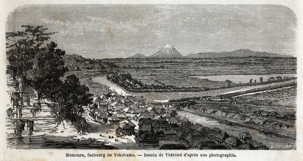 富士山を背景にした横浜郊外の保母浦の風景。1863年から1864年にかけての日本への航海を説明するために、スイス連邦公使のアイム・アンベールが、「Le tour du monde, nouveau journal des voyages」に掲載したエングレーヴィング。 作： 無名の画家