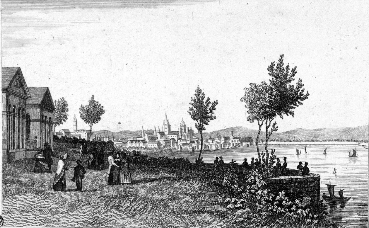 1830年頃のドイツ・マインツとライン川の風景。 作： 無名の画家