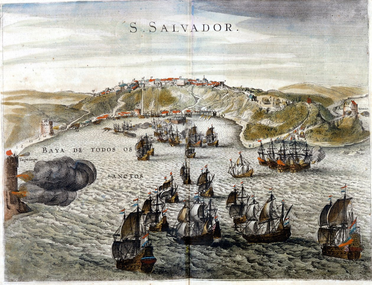 1549年に設立されたブラジルの首都、バイーアと呼ばれていたサルバドールの眺め - 16世紀のエングレーヴィング 作： 無名の画家