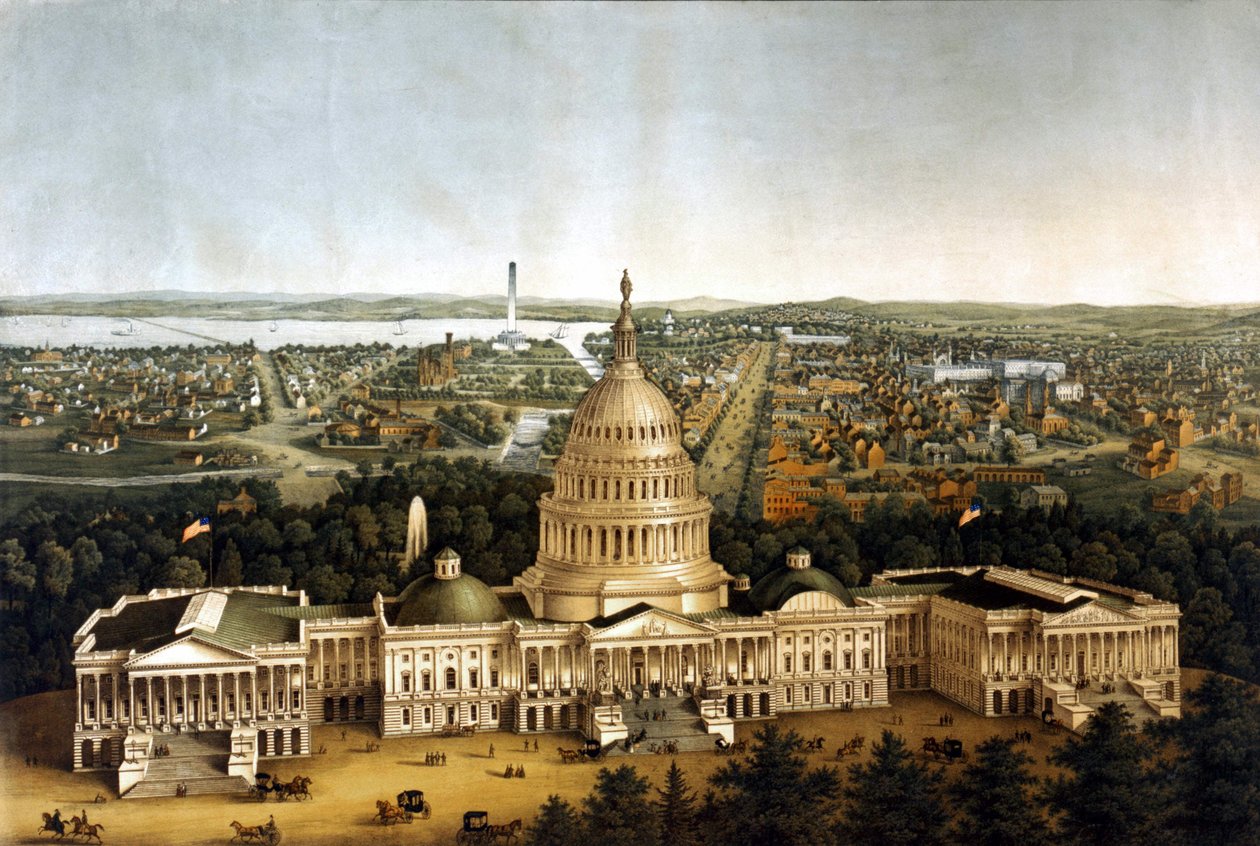 1820年に上演されたワシントンとホワイトハウスの風景。 作： 無名の画家