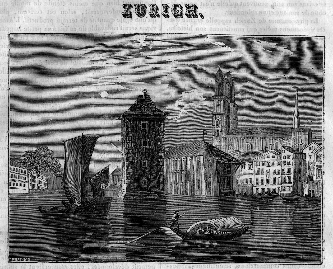 19世紀のスイス、チューリッヒ市（Zurigo）の風景。 作： 無名の画家