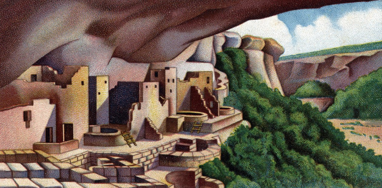 崖の宮殿（古代プエブロの建造物）の眺め メサベルデ国立公園、アメリカ（コロラド州メサベルデ国立公園にある、古代プエブロ族によって建てられた北米最大の崖の住居、崖の宮殿の眺め）1930年代 作： 無名の画家