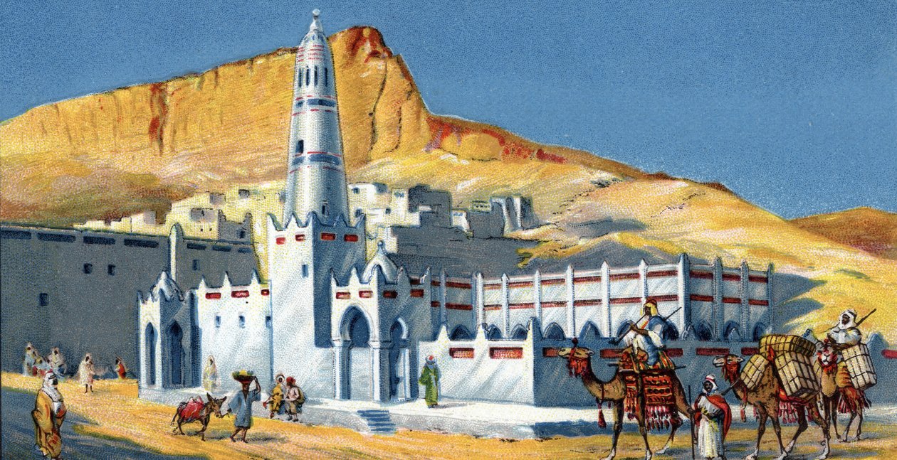 ホレダ・モスクの眺め、ハドラマウト砂漠、イエメン（Horeda Mosque Hadramaout Yemen） 1930年代 クロモリトグラフ 個人蔵 作： 無名の画家