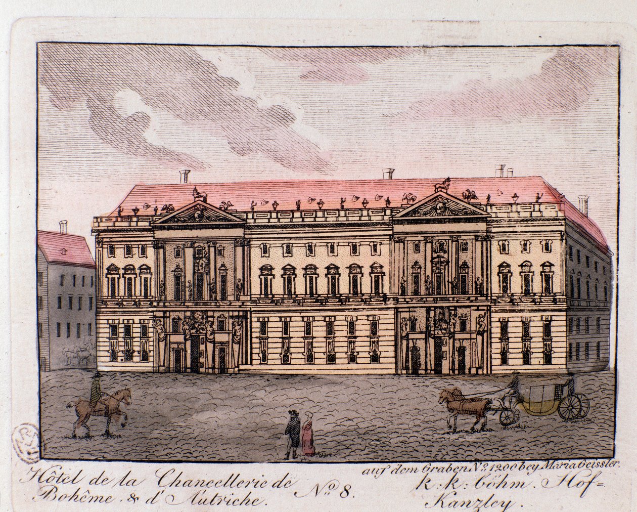 オーストリア、ウィーンのボヘミアン・オーストリア首相官邸ホテルの眺め。1815年のエングレーヴィング 個人蔵 作： 無名の画家