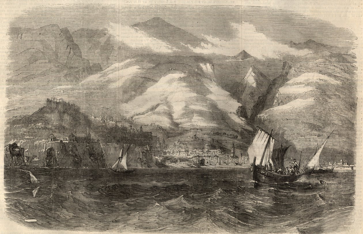 ポルトガルのマデレ島にあるフンシャルの街の風景。2月29日付「The Illustrated London News」に掲載された版画 作： 無名の画家