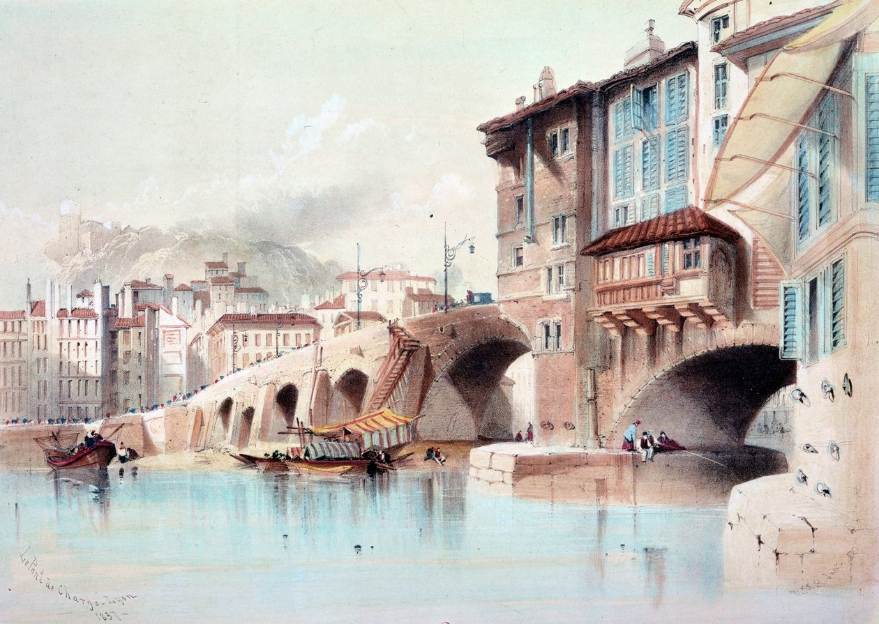 リヨンの街とポン・ド・チャージの眺め。1837年の水彩画。パリ、B.N. 作： 無名の画家