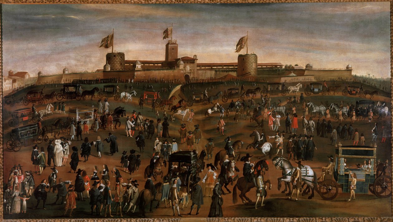 ミラノの街、スフォルツァ城と馬車の往来の様子 1660年から1670年頃の匿名の絵画 ミラノ美術館 作： 無名の画家