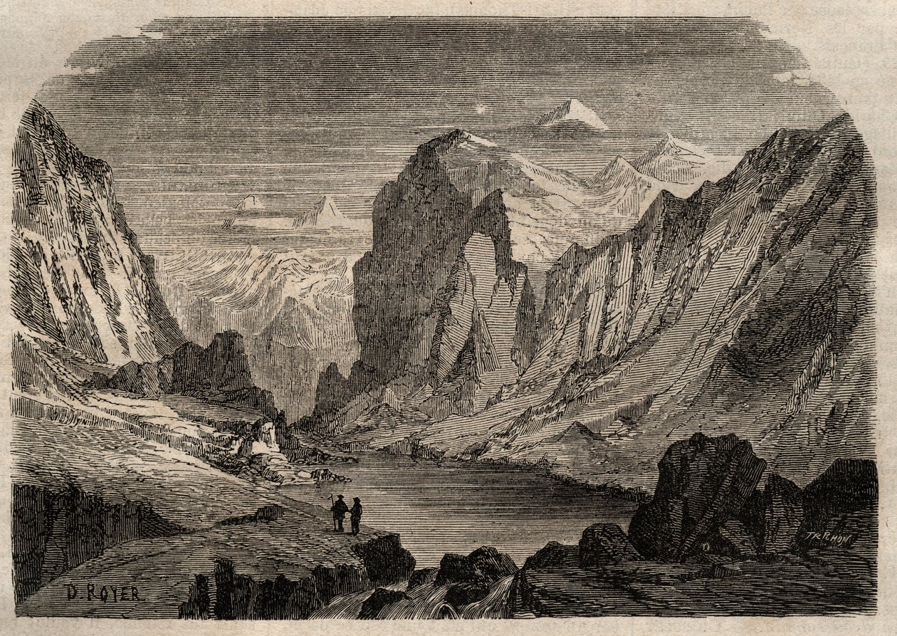 19世紀のスイスのダボスの風景 - 1864年の「Dictionnaire populaire illustrious」に掲載された彫刻 - Joseph DecembreとEdmond Allonierによるもの。 作： 無名の画家