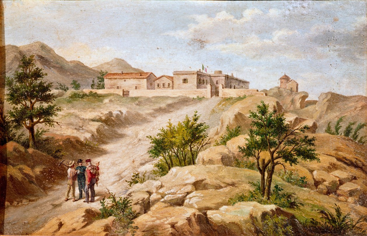 イタリアの愛国者でリソルジメントの英雄ジュゼッペ・ガリバルディ（1807-1882）の家の風景 カプレラ（サルデーニャ島） ガリバルディは画面左の2人の農民と一緒にいる。19世紀の匿名の絵画 ローマ リソルジメント博物館 作： 無名の画家