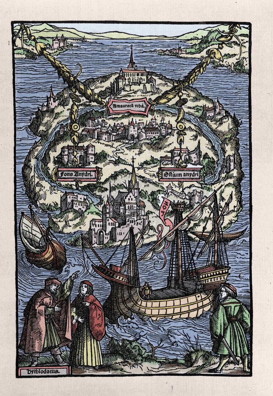 トマス・モア（1478-1535）の著書「De optmo republicae statu deque nova insula Utopia」からのユートピア島（Utopia）の眺め。ヨハン・フローベンによる版画。1518. 作： 無名の画家