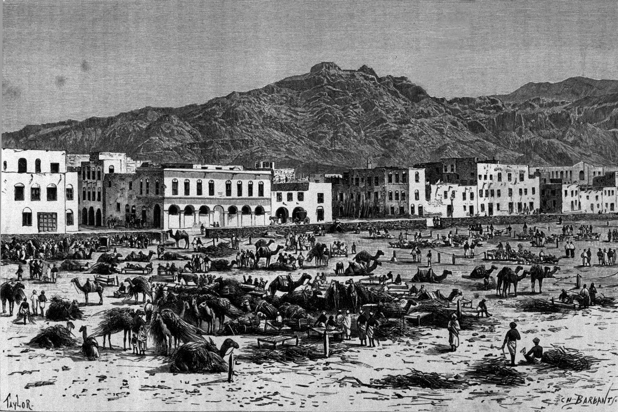 アビシニアのアデンの行進の様子。1880年頃のエングレーヴィング 作： 無名の画家