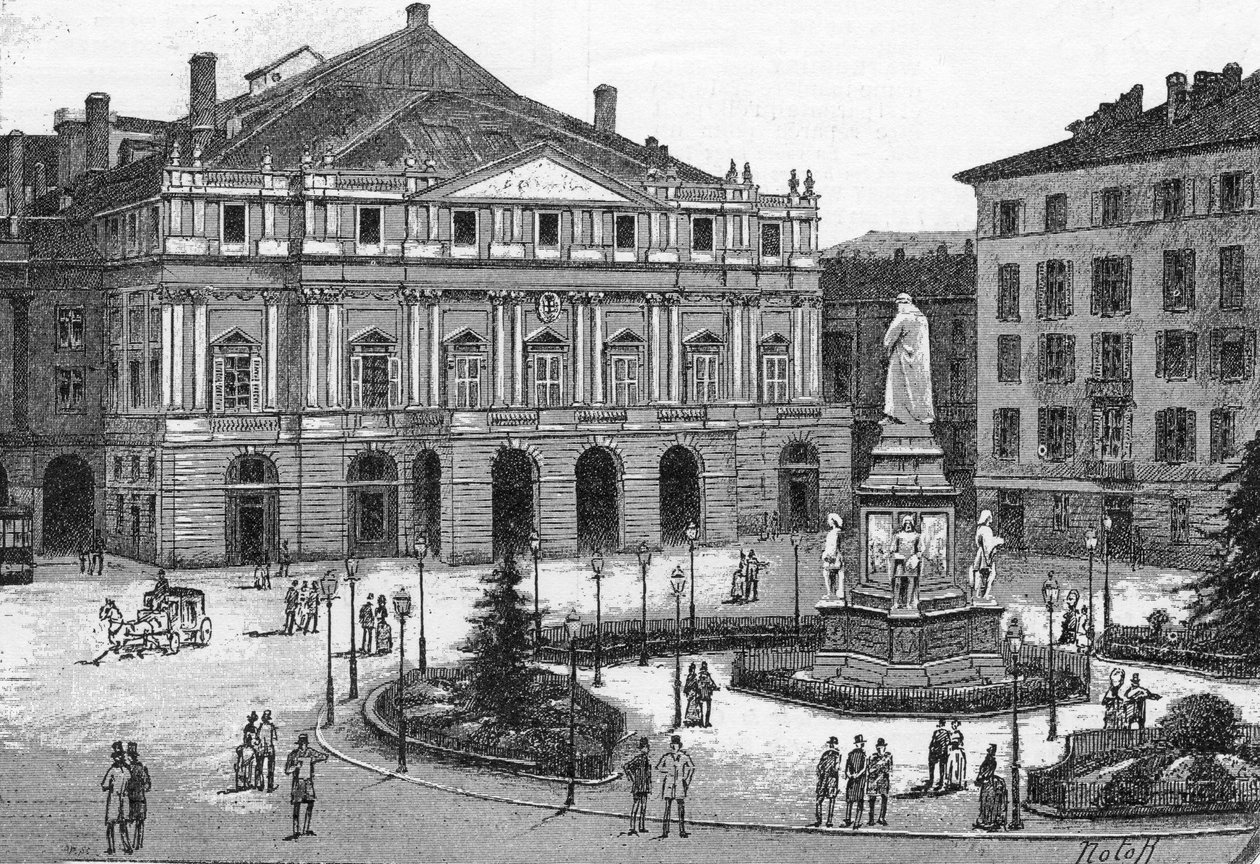 イタリア、ミラノのスカラ座の劇場の様子。(Teatro alla Scala Milano) "The Illustrous World "のエングレービング 作： 無名の画家