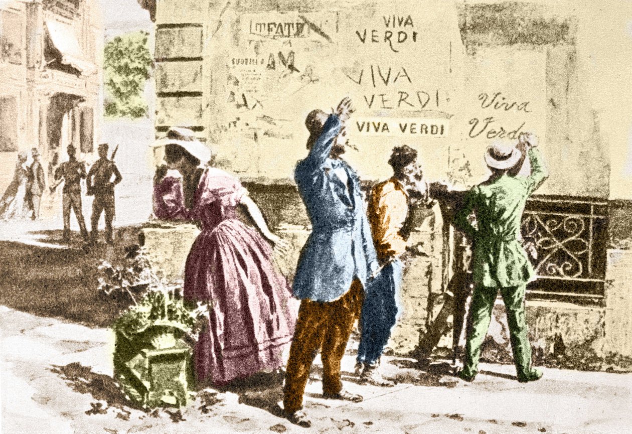 Viva Verdi: 1859年、オーストリア占領下のナポリで、ジュゼッペ・ヴェルディのオペラ「Un Ballo in maschera」が禁止されたことを受けて、ヴェルディへの熱烈な賛辞が書かれている（V.E.R.D.I. (VERDI) = Vittorio Emanuele Re d