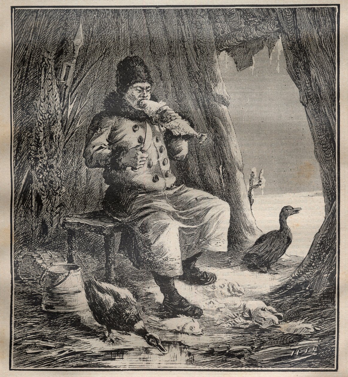 シャルル・ラボー（1856-1944）の旅行記。魚を食べるシベリアのオスティアック（ハンティまたはハンテ） - Engraving In "La Science francaise 作： 無名の画家