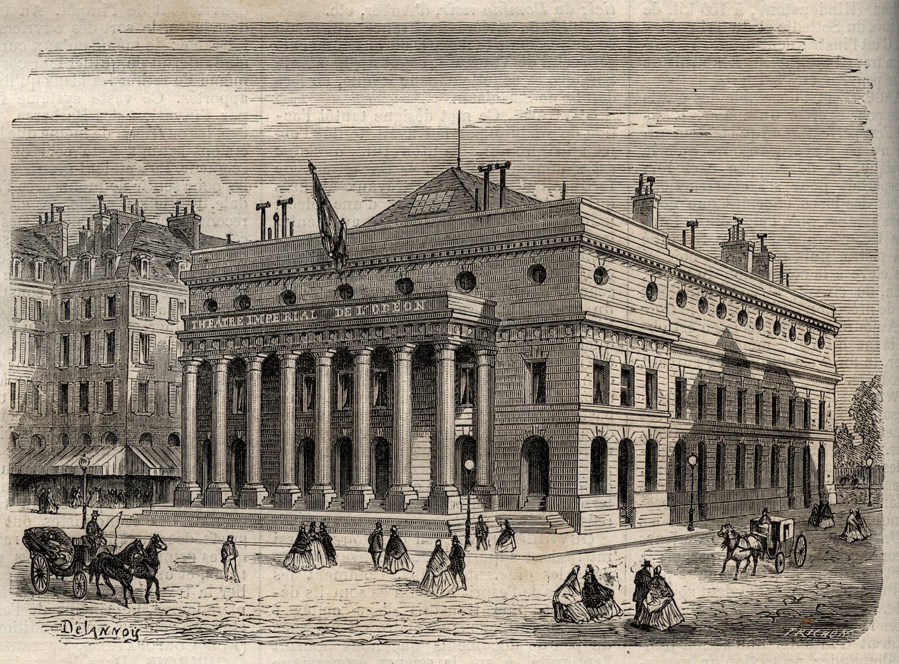 19世紀、パリのオデオン座の風景。1864年に出版された「Dictionnaire populaire illustrious」に掲載された彫刻で、Joseph DecembreとEdmond Allonierによるもの。 作： 無名の画家