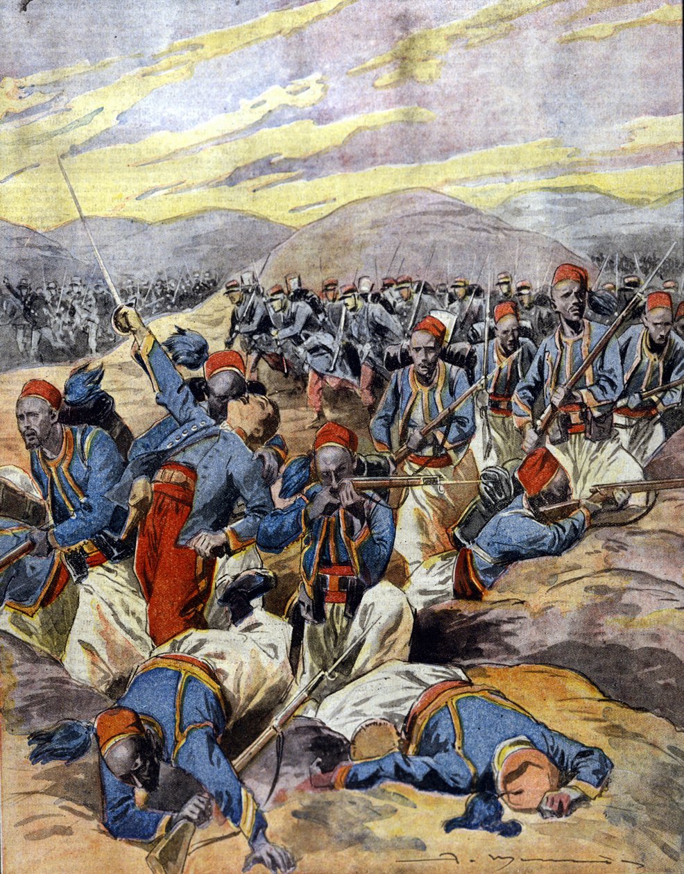 1914年～1918年の戦争：フランドルの砂丘を行くフランス植民地軍のアフリカ人騎手たち。1914. 作： 無名の画家