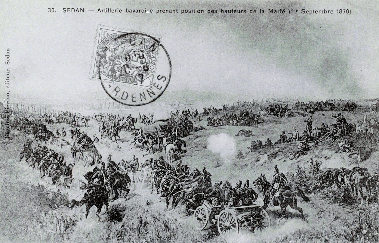 1870年の戦争。1870年9月1日、アルデンヌ地方のマルフェの高台から陣取るバイエルンの砲兵隊。1870年に描かれた版画 作： 無名の画家