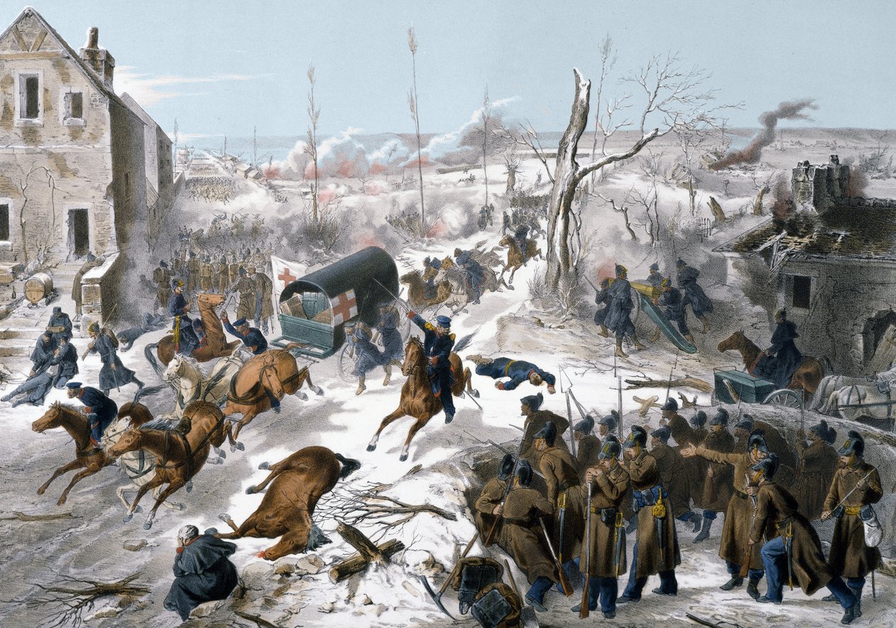 1870年のフランスとプロイセンの戦争。1871年1月2日と3日にパ・ド・カレーで行われたバポームの戦いで、ファイドゥルベ将軍率いる北方軍がプロイセン軍に勝利した際の赤十字 作： 無名の画家
