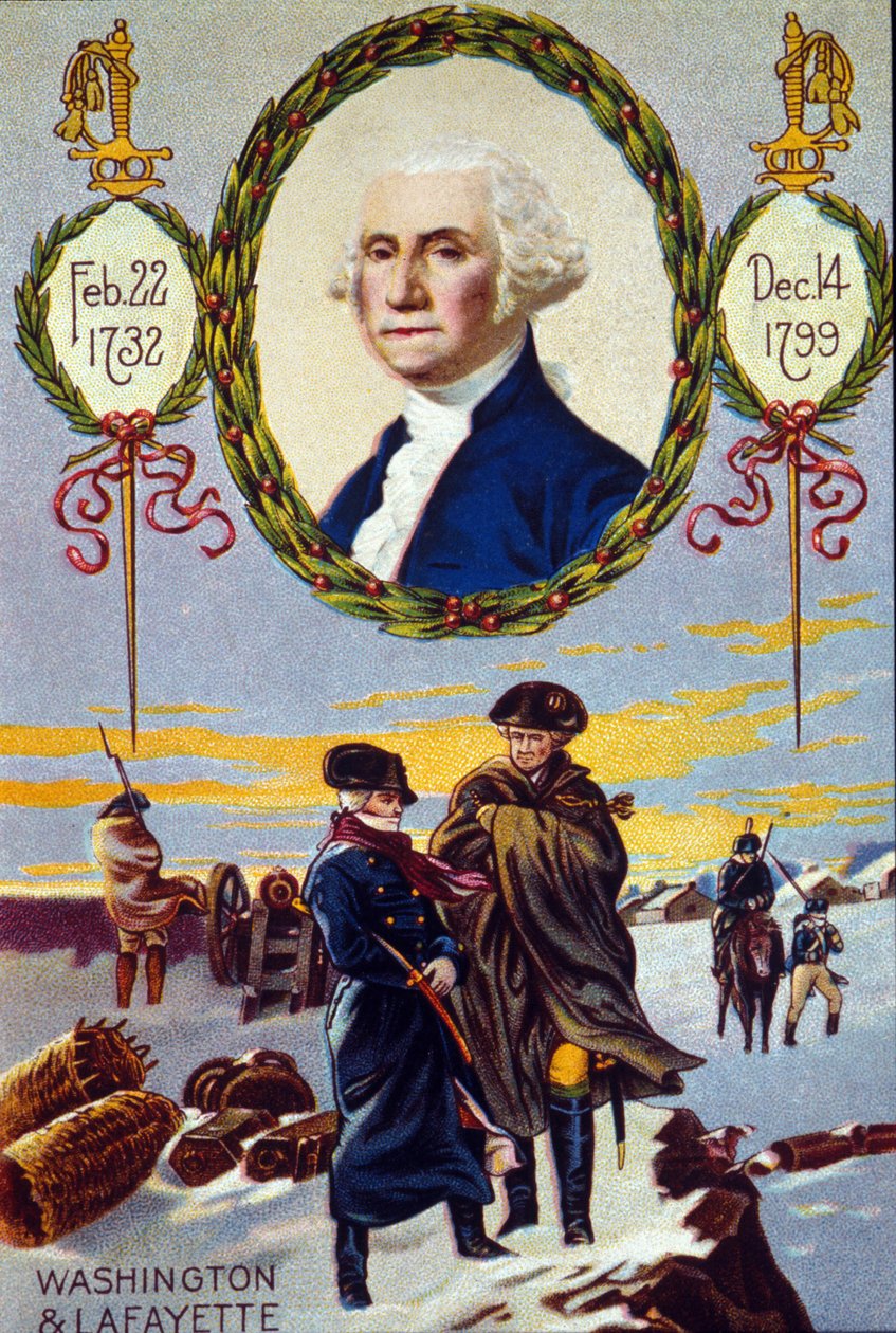 アメリカ独立戦争：ラファイエット侯爵（1757-1834）は、1777年にジョージ・ワシントン（1732-1799）を助けるためにバレーフォージで出会った。 19世紀のクロモリ写真 作： 無名の画家
