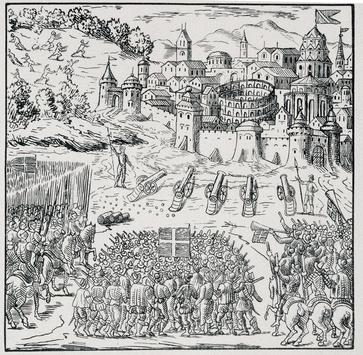 宗教戦争。1576年に国王（アンリ3世）の軍隊に包囲されたニームの街-「1562年から1586年までのフランスの災難を表す39の図版集」（ルイ・ペラン出版）に掲載。 作： 無名の画家