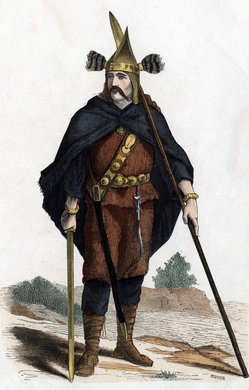 戦士、青銅製武器の時代-「Les Costumes civil et militaryaires des Français dans travers les siècles Paris F. Roy 1882」による。 作： 無名の画家