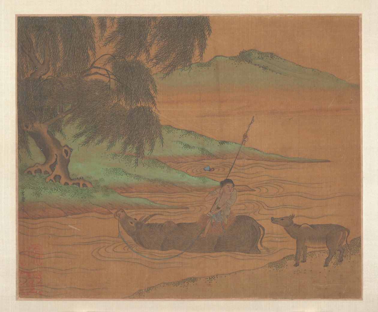 水牛（アルバムリーフ、絹本、墨、彩色） 作： 無名の画家