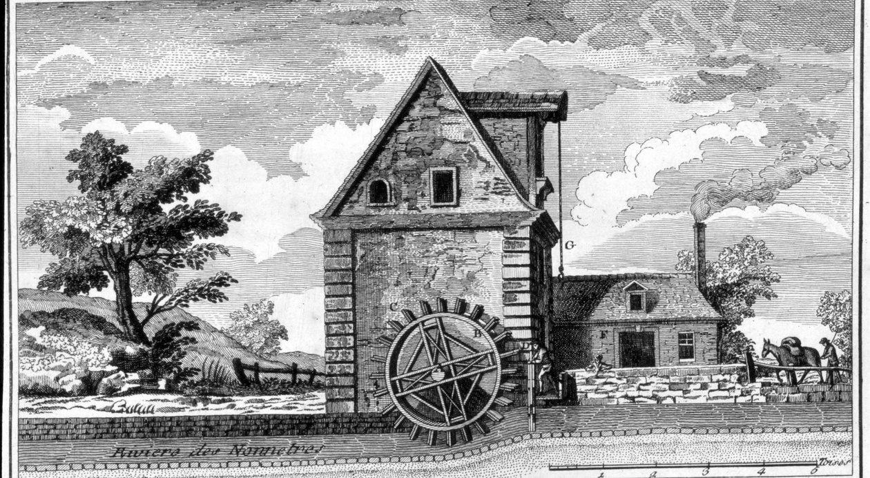 1800年頃に作られた水車の彫刻。 作： 無名の画家