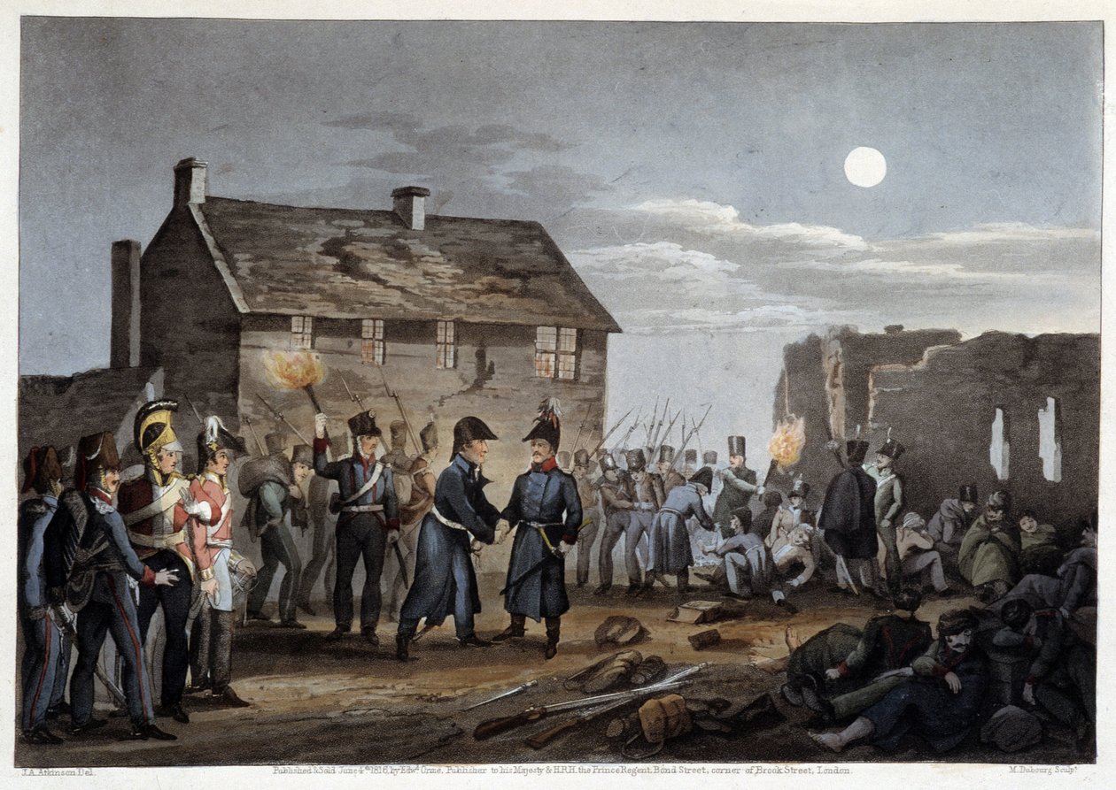 ワーテルローで偶然出会ったウェリントンとブラッハー - Edward Orme, ill by Atkinson, Londonの「Historical, military and naval anecdotes and incidents that arrived at Armies of Brittany and their allies, ending in Waterloo」の中で。 作： 無名の画家