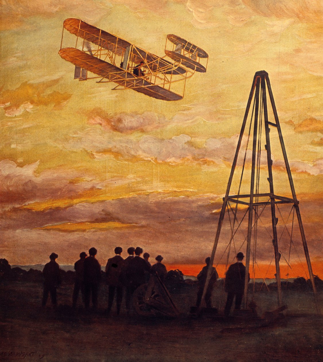 飛行するウィルバー・ライトの飛行機（1867～1912年 作： 無名の画家
