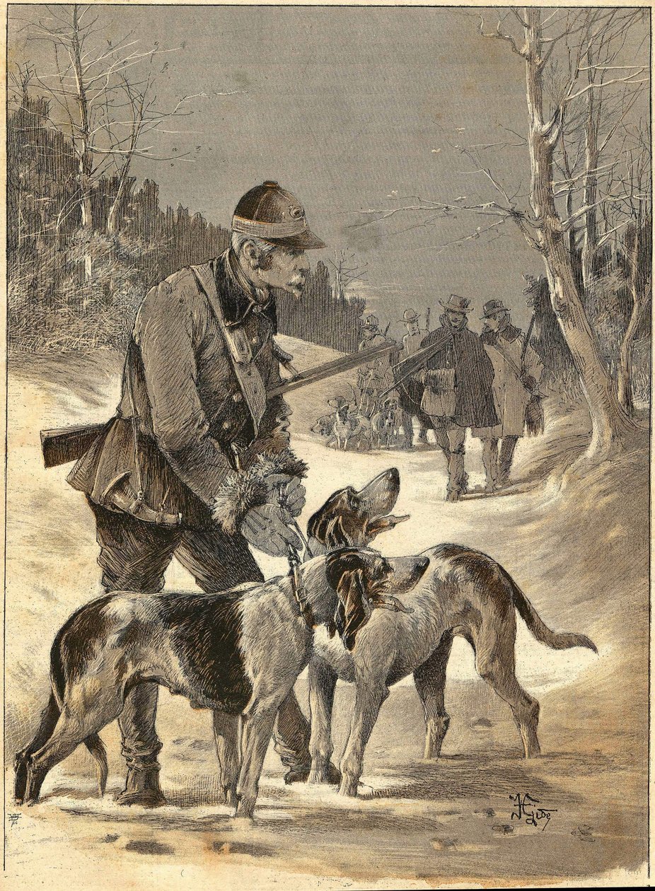 ギドの水彩画に倣ったウッドハンティング。1892. 作： 無名の画家