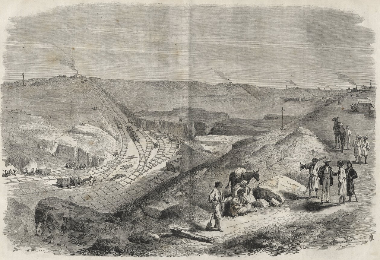 スエズ運河での作業 1864年 - 1864年に行われたスエズ運河の建設現場と掘削作業（シャルフ・トランシェ） -。 作： 無名の画家